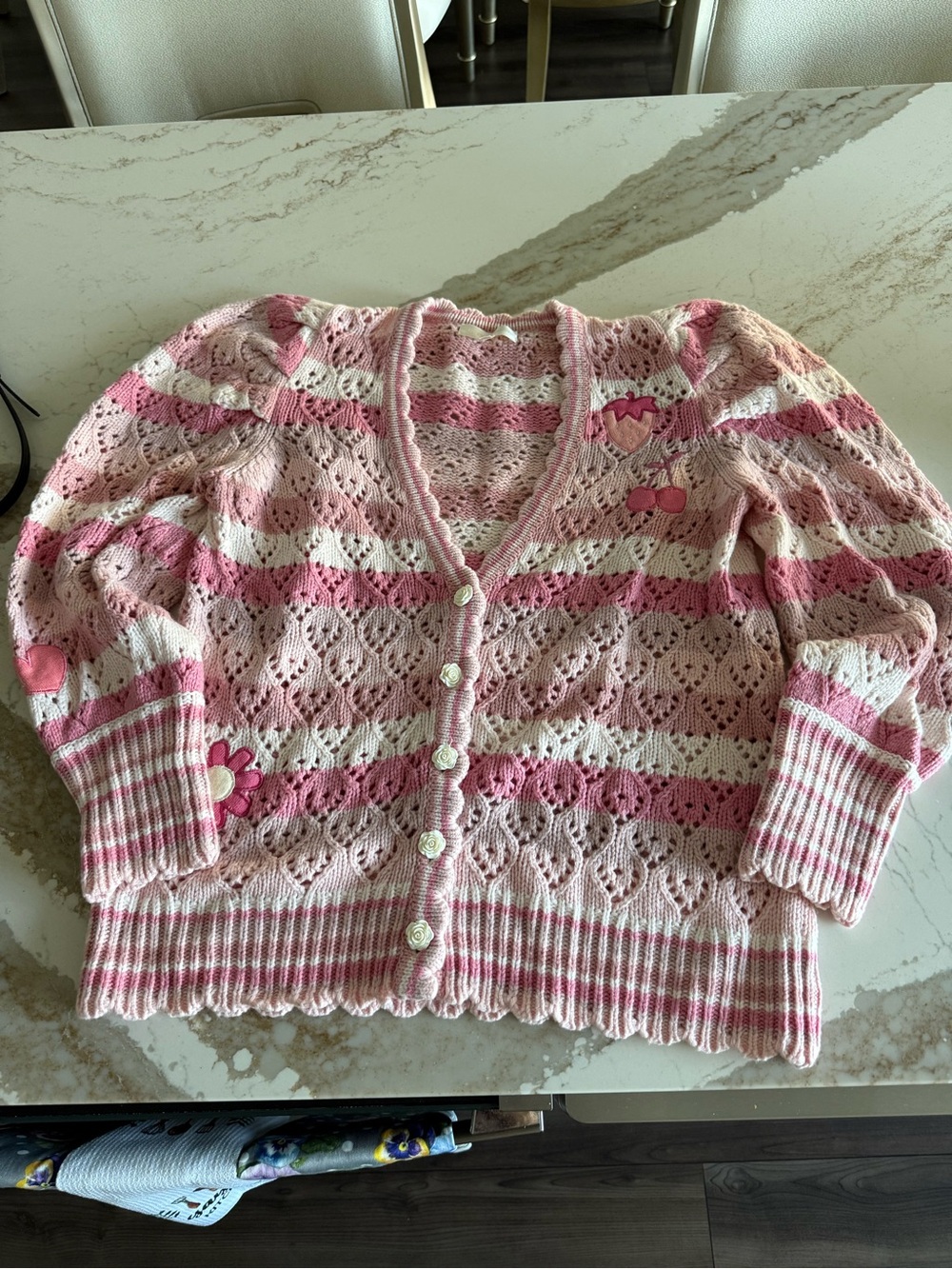 LoveShackFancy Pink and White Crochet V-Neck Cardigan